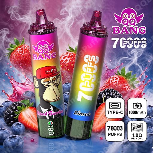 Two disposable vape devices with pink-to-purple gradient bodies stand upright among a fruity background of strawberries, blueberries and blackberries, with wisps of vapor; the left device features a cartoon monkey wearing a red cap, while the right device shows bold vertical lettering, with QQ BANG branding visible in the background.