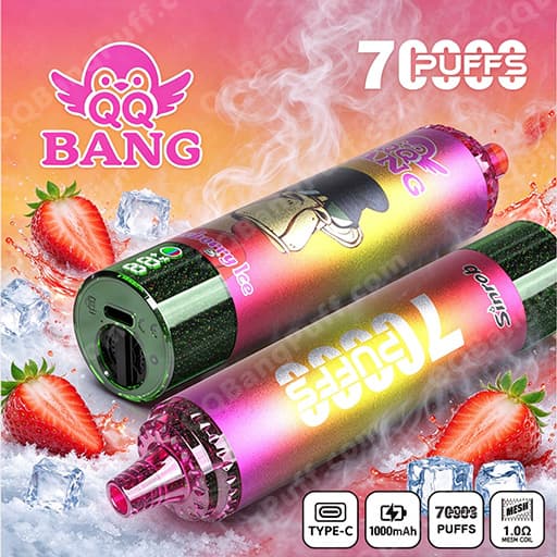 Two rainbow gradient vape devices lie diagonally, one atop the other, surrounded by strawberries, ice cubes, and swirling smoke, with branding such as QQ BANG and 7000 puffs visible against a bright pink‑orange background.