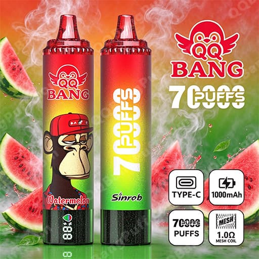 Two QQ Bang disposable vape pens with red-to-green gradients; the left features a cartoon monkey and watermelon flavor label, the right shows '70 Puffs,' set against watermelon slices and steam with icons for Type-C charging, 1000mAh, 70 puffs and 1.0Ω mesh coil.