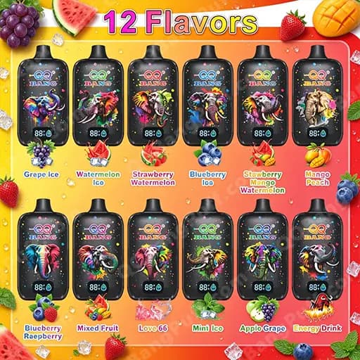 Promotional display of 12 flavor bottles with black containers and colorful artwork, arranged in two rows under a bright '12 Flavors' banner, featuring labels such as Grape Ice, Watermelon Ice, Strawberry Watermelon, Blueberry Ice, Strawberry Mango Watermelon, Mango Peach, Blueberry Raspberry, Mixed Fruit, Love 66, Mini Ice, Apple Grape, and Energy Drink, with fruit decorations around.