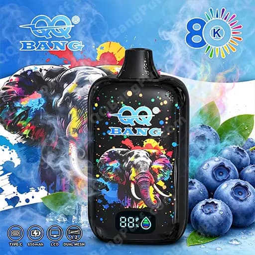 Black QQ BANG vape pod device featuring a bright multicolor elephant graphic and QQ BANG logo, set against a vibrant splash-art background with blueberries, and a display showing 88%.