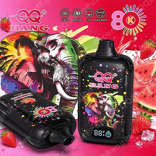 A black pod-style vape device with a neon graffiti elephant graphic and the QQ BANG logo, shown alongside a matching black case, on a bright pink packaging background with colorful splashes, strawberries, and ice cubes.