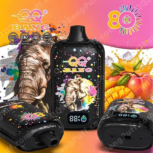 Three black pod-style vaping devices with a vibrant splash-art elephant design, the central unit showing an 88% battery/readout on its screen, set against a bright orange–pink gradient background with fruit imagery and EQ BANG branding.