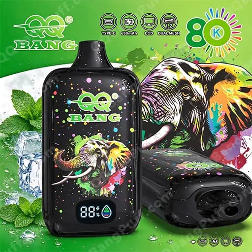 Black vape device with colorful paint-splatter art and an elephant graphic, standing upright with a small digital display showing 88% and the BANG logo, placed on a bright green background with mint leaves and ice, with a second device resting beside it.