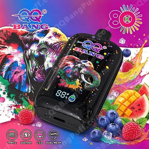 Black Bang vape device featuring elephant artwork and the Bang logo on a bright, fruit-splashed background, with an LCD screen displaying 88 and a circular indicator, plus icons for Type-C charging, 650mAh capacity, LCD display, and dual mesh.