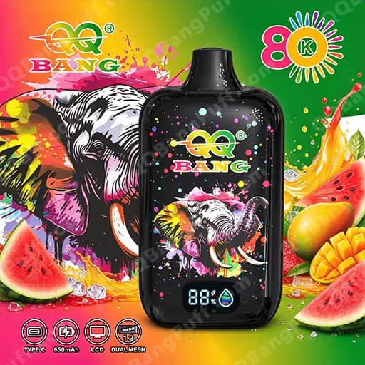Black rectangular vape device with a digital display sits in front of a vibrant product box showing rainbow splash art and an elephant illustration, the QQ BANG logo, and surrounding watermelon and mango graphics.