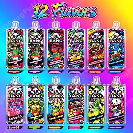 Two rows of six colorful Bang vape devices featuring cartoon character art, each representing a different flavor, set against a bright rainbow gradient background with a '12 Flavors' heading.