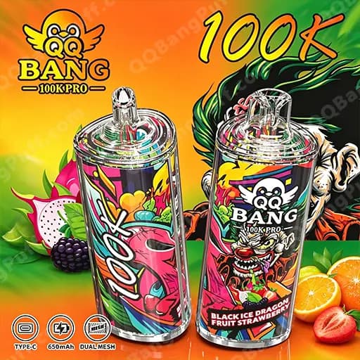 Two stainless vape devices with colorful graffiti-style artwork branded 'QQ BANG 100K PRO' sit against a bright orange-to-green gradient background, with one flavor label reading 'Black Ice Dragon Fruit Strawberry'.