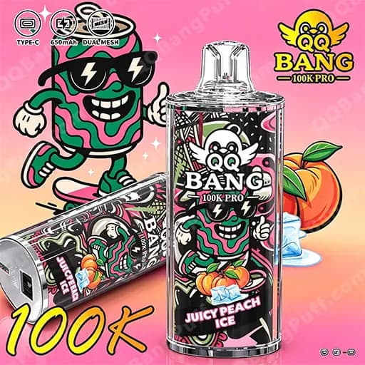 Bright promotional image for QQ BANG 100K PRO disposable vape in Juicy Peach Ice flavor, showing bold black label art with a grinning cartoon character wearing sunglasses on a tall, clear device and a matching side device, against a pink gradient background with pumpkins and ice cubes.