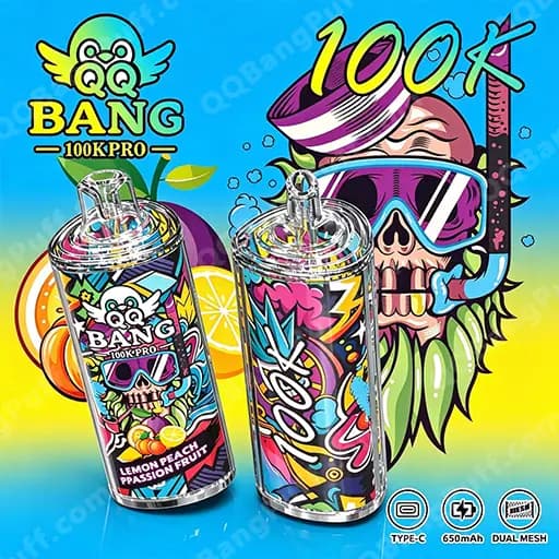 Two colorful cans with graffiti skull designs labeled BANG 100K PRO, lemon peach passion fruit flavor, against a bright blue-to-yellow gradient background with a cartoon skeleton wearing sunglasses.