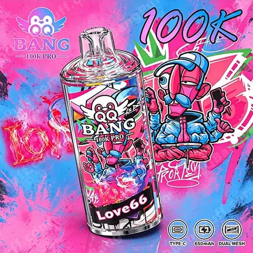 A brightly colored e-liquid vape bottle with QQ BANG 100K PRO branding and Love66 on the label, set against a pink and blue graffiti-style background featuring cartoon characters.
