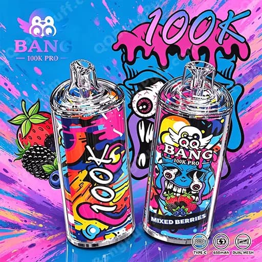 Two glossy vape mods with clear tanks and chrome tops sit on a vibrant graffiti background; the left device has a colorful wrap, while the right displays Bang 100K Pro branding and a mixed berries label.