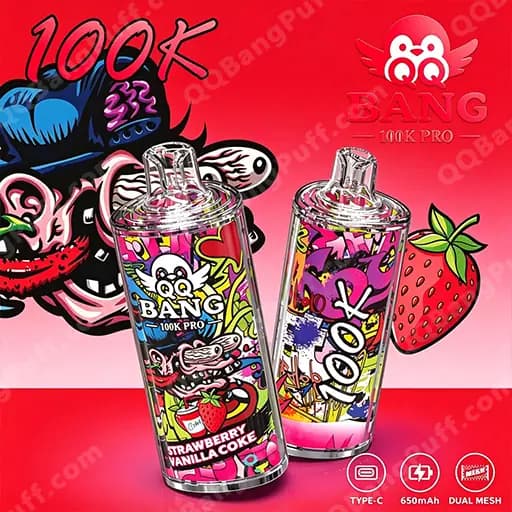 Two colorful graffiti-style vape devices with chrome tops sit against a pink-to-red gradient background, branded Bang 100K Pro; the left device shows a 'Strawberry Vanilla Coke' flavor label with cartoon artwork, and a strawberry graphic appears near the right.