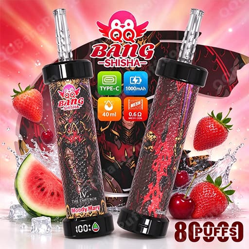 Two black-and-red patterned vape devices with metal mouthpieces stand upright against a bright pink background, surrounded by strawberries, watermelon slices, and cherries, featuring the QQ Bang Shisha branding and icons for Type-C charging, 1000mAh, 40 ml capacity, and a 0.6Ω mesh coil.