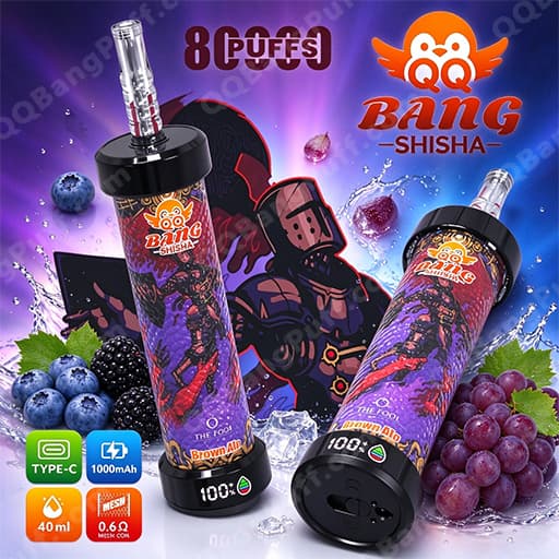 Two Bang Shisha vape devices with purple artwork and the Bang logo, displayed on a blue-purple background with ice and clusters of blueberries and grapes, with '8 Puffs' branding visible.