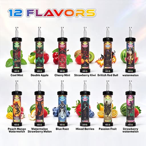 Promotional banner displaying 12 e-liquid bottles with colorful labels and droppers, arranged in two rows with fruit backgrounds; flavors include Cool Mint, Double Apple, Cherry Mint, Strawberry Kiwi, British Red Bull, Watermelon, Peach Mango Watermelon, Watermelon Strawberry Melon, Blue Razz, Mixed Berries, Passion Fruit, and Strawberry Watermelon.