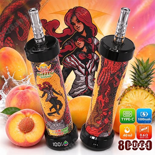 Two vape-style shisha pens with black caps and silver mouthpieces, wrapped in orange and red artwork, sit in front of a colorful background featuring a red-haired illustrated character and surrounding peaches, pineapples, and oranges; branding and icons indicate Bang Shisha, Type-C charging, 1000mAh battery, and 40ml capacity.
