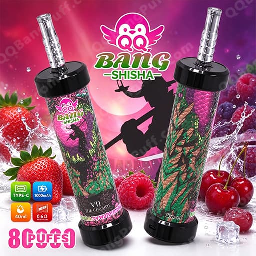 Two Bang Shisha vape pens with black mouthpieces and patterned glass bodies in green and purple, set against a pink-purple fruity background with strawberries, raspberries, and cherries, with the Bang Shisha logo visible.