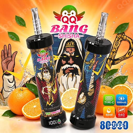 Two QQ Bang Shisha vape devices with colorful illustrated wraps stand upright on an orange background, surrounded by oranges and green leaves, with the QQ Bang Shisha logo visible above.