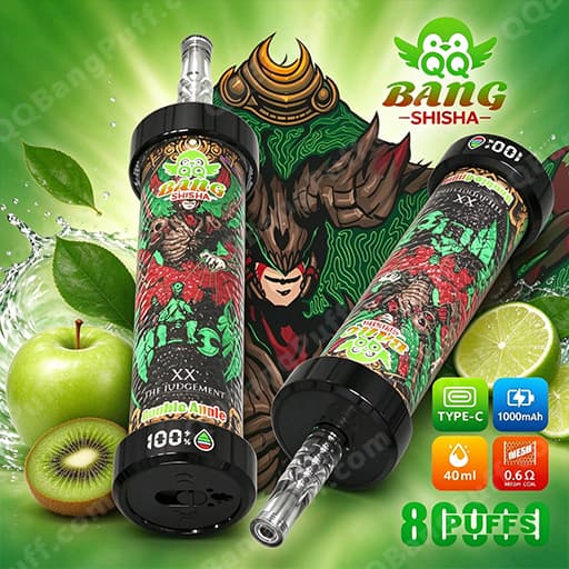 Two Bang Shisha vape devices with monster artwork on their labels, shown against a bright green background with lime, apple, and kiwi, highlighting 80 puffs.